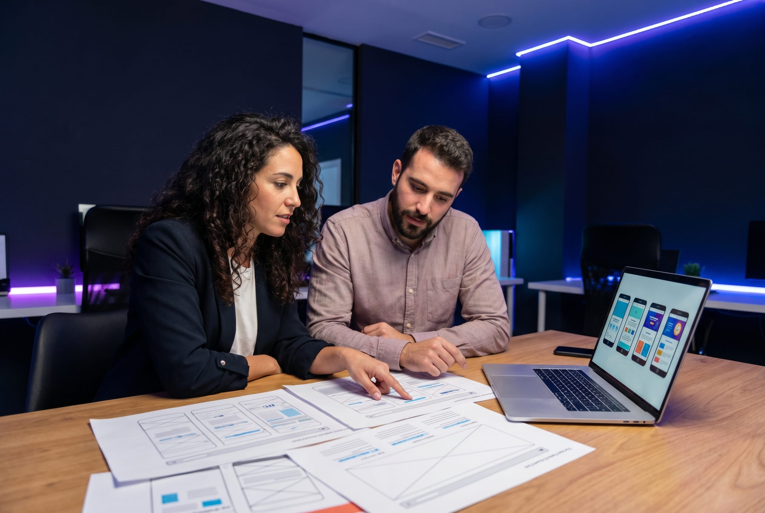 Agencia de diseño web revisando mockups de una página web profesional