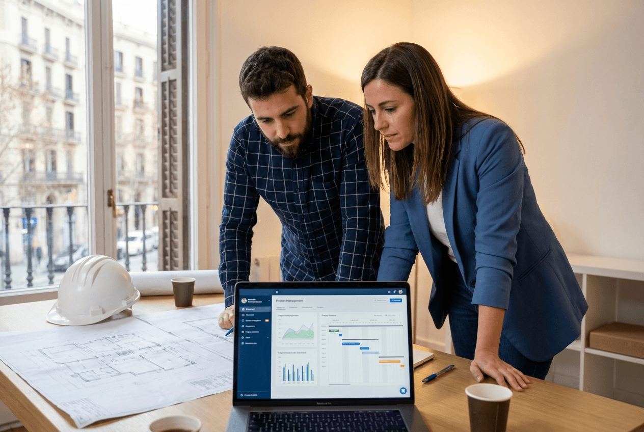 Software para construcción — equipo revisando un programa de gestión de obra