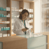 Farmacéutica revisando automatización para farmacias en tablet con estanterías de medicamentos al fondo