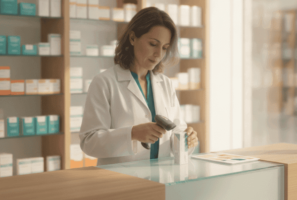 Farmacéutica revisando automatización para farmacias en tablet con estanterías de medicamentos al fondo