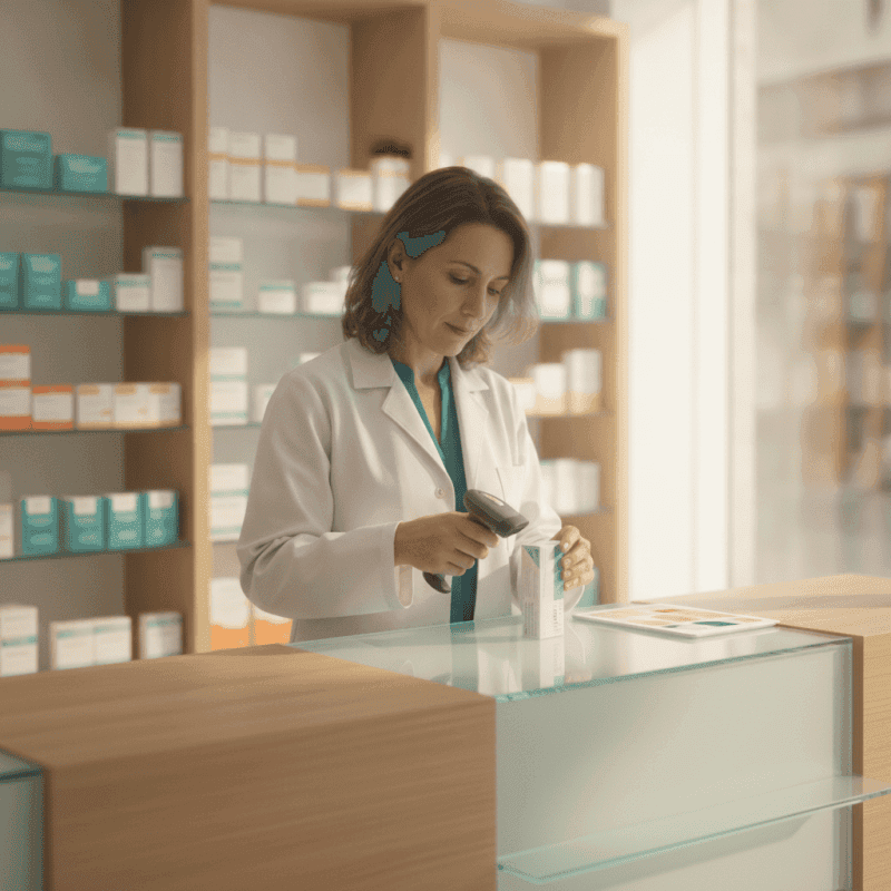 Farmacéutica revisando automatización para farmacias en tablet con estanterías de medicamentos al fondo
