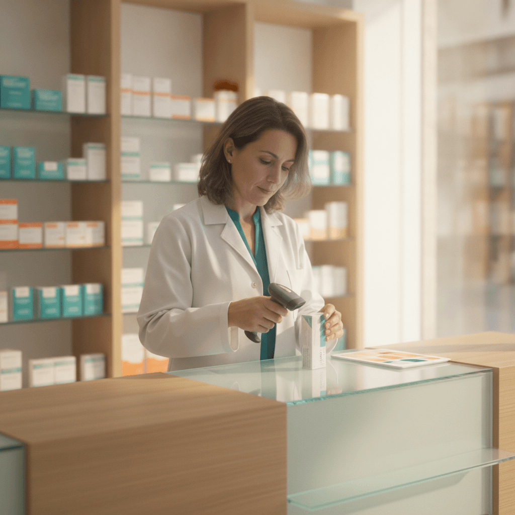 Farmacéutica revisando automatización para farmacias en tablet con estanterías de medicamentos al fondo
