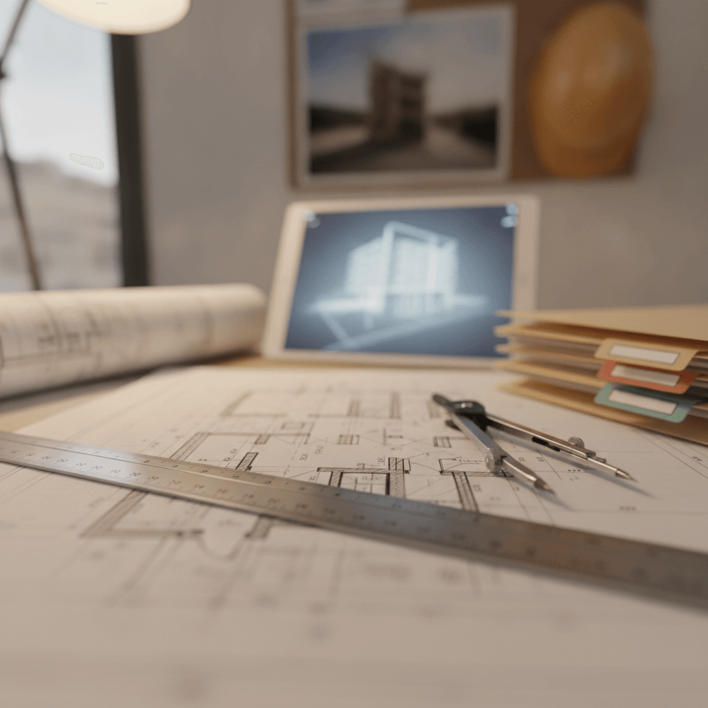 Arquitecto revisando planos con ia para arquitectura en un estudio